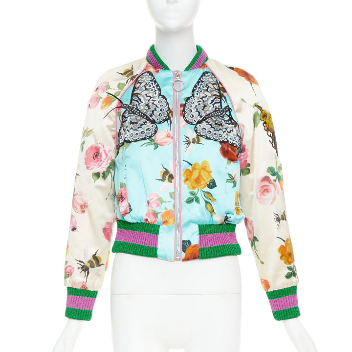 GUCCI 2016 Michele Runway blue silk butterfly bee embroidery bomber jacket IT40