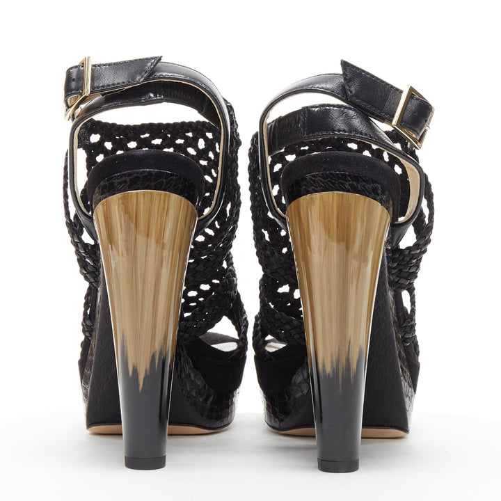 JIMMY CHOO Taytum 130 black woven leather curved heel platform sandal EU39