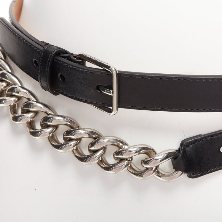 ALEXANDER MCQUEEN black leather silver chunky metal chain wrap belt 70cm
