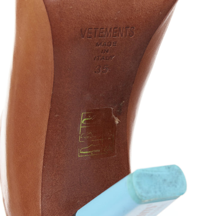 VETEMENTS Highlighter brown leather blue architectural heel mules EU35