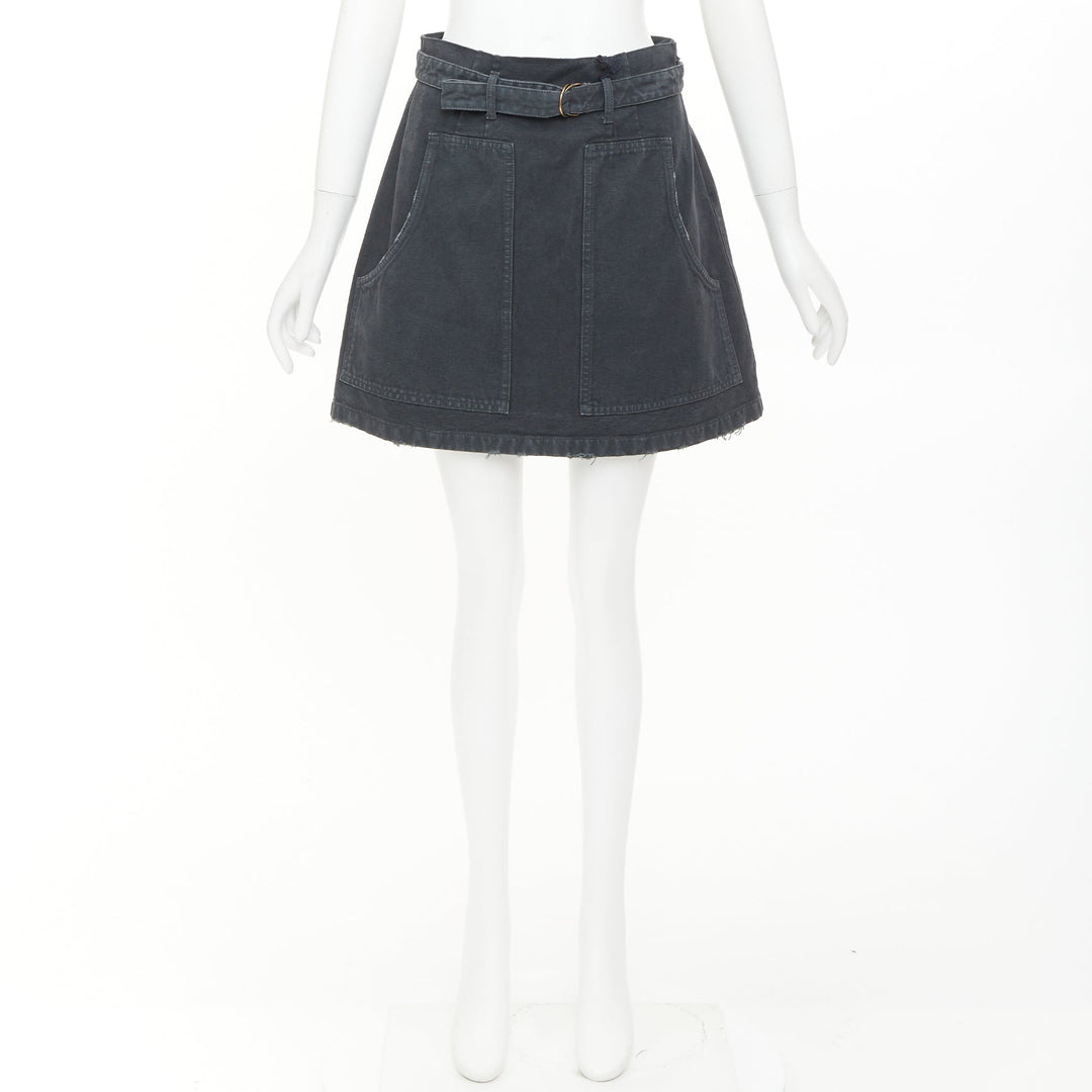 PRADA 2023 grey washed distressed  denim cargo pocket belted mini skirt IT38 XS