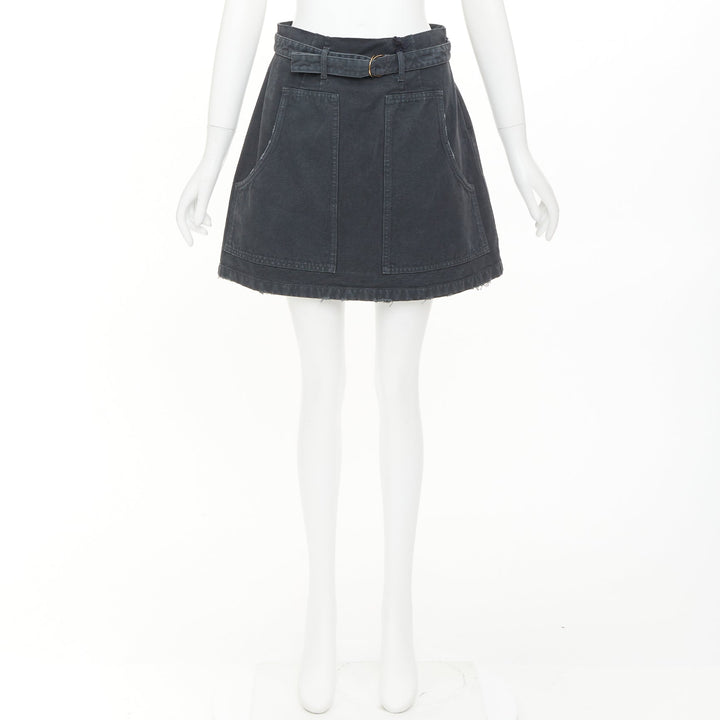 PRADA 2023 grey washed distressed  denim cargo pocket belted mini skirt IT38 XS