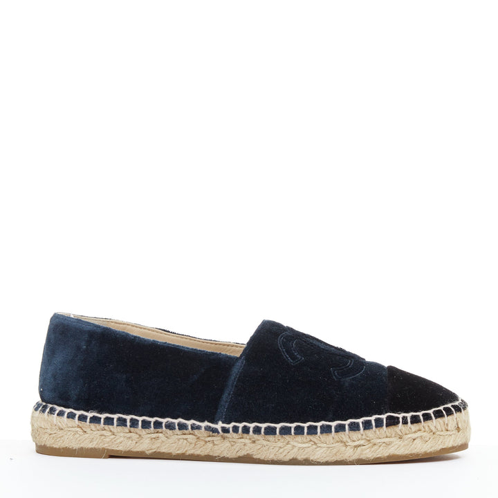 CHANEL navy velvet CC logo applique nude jute espadrille shoes EU37