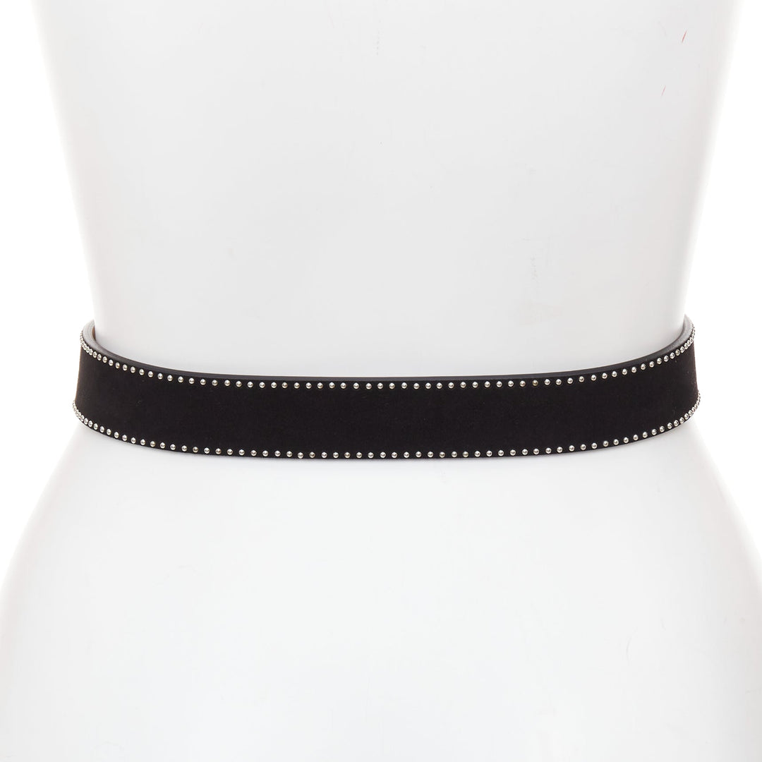 ALAIA black suede leather silver mini dome studded buckled belt 65cm