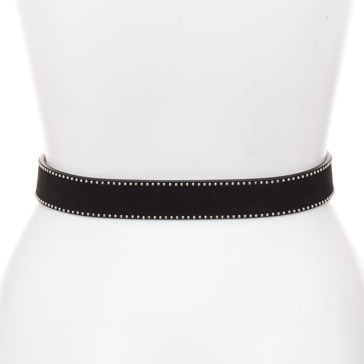 ALAIA black suede leather silver mini dome studded buckled belt 65cm