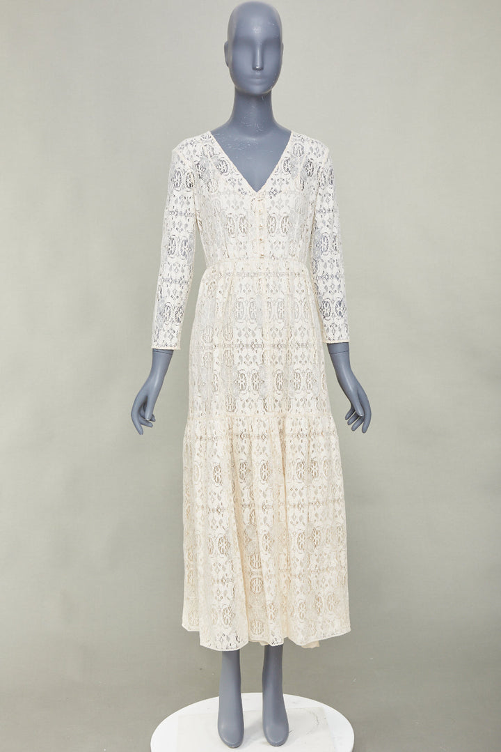 CELINE 2021 Bridal Triomphe button V neck embroidered lace maxi dress FR34 XS