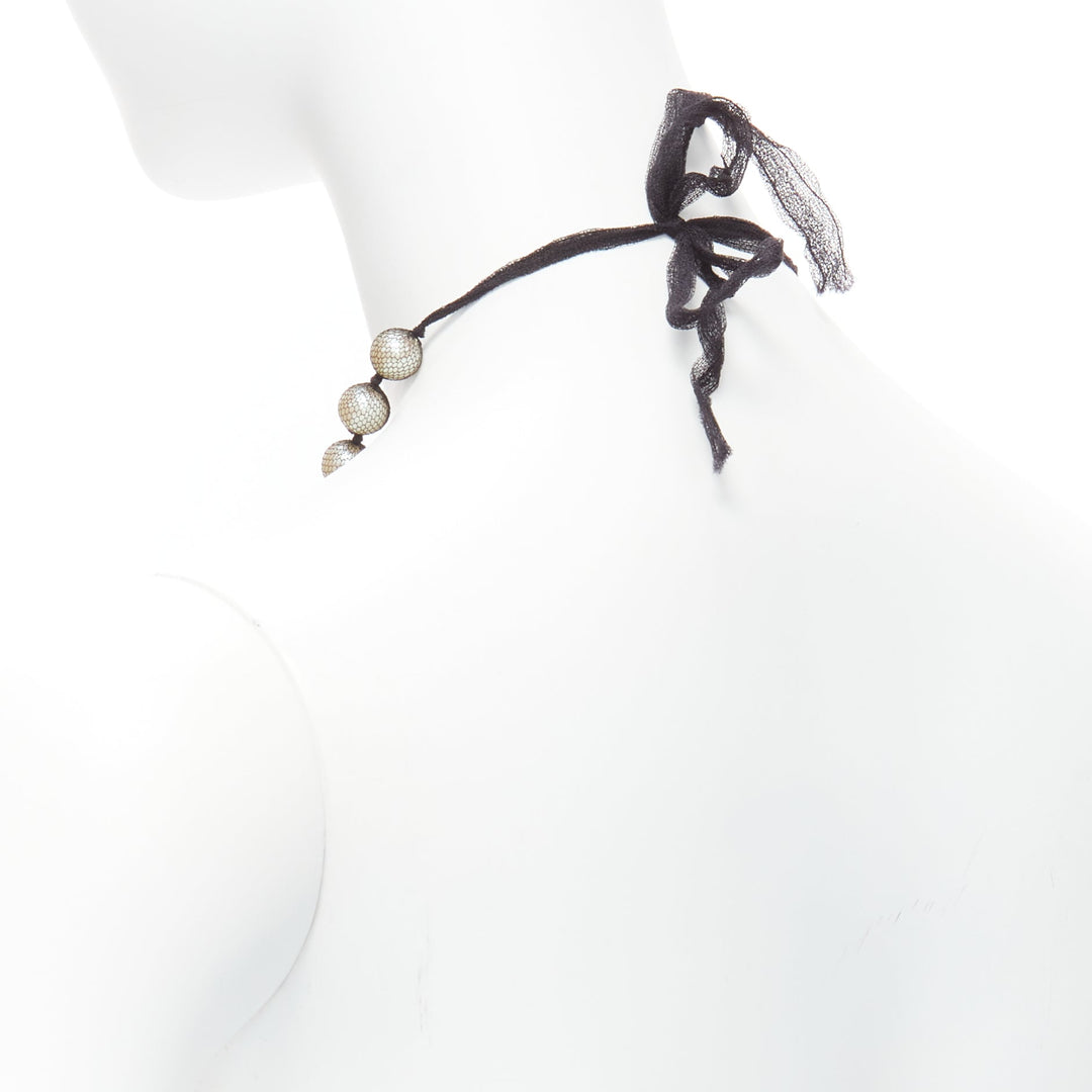 LANVIN ALBER ELBAZ cream pearl black mesh tulle ribbon wrap princess necklace