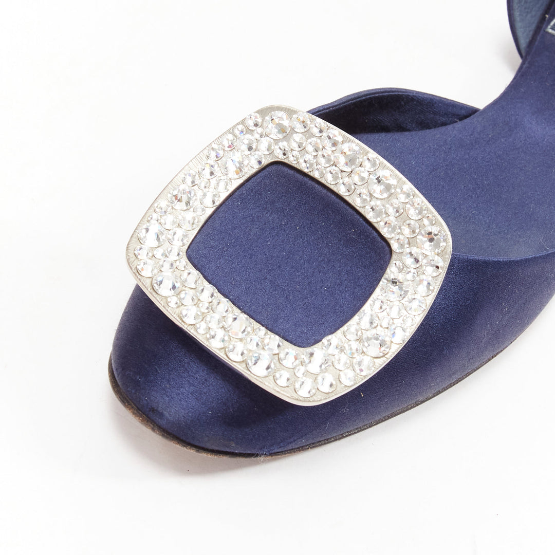 ROGER VIVIER Chips Strass navy satin crystal square buckles flat shoes EU35