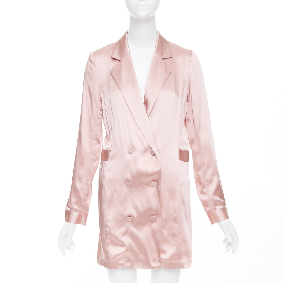 FLEUR DU MAL pink silky double breasted pocketed longline blazer coat US0 XS