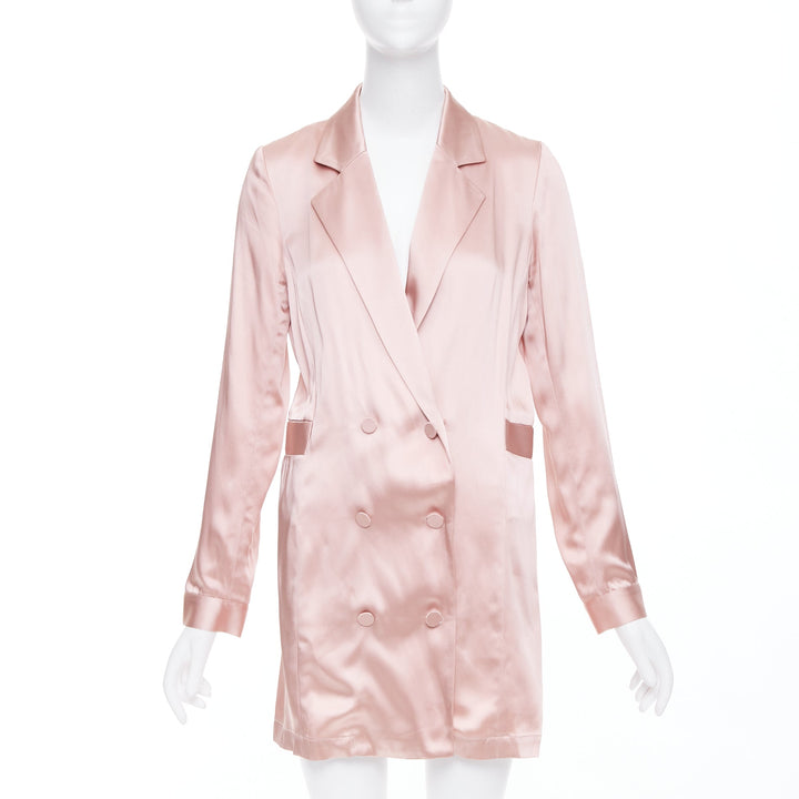 FLEUR DU MAL pink silky double breasted pocketed longline blazer coat US0 XS