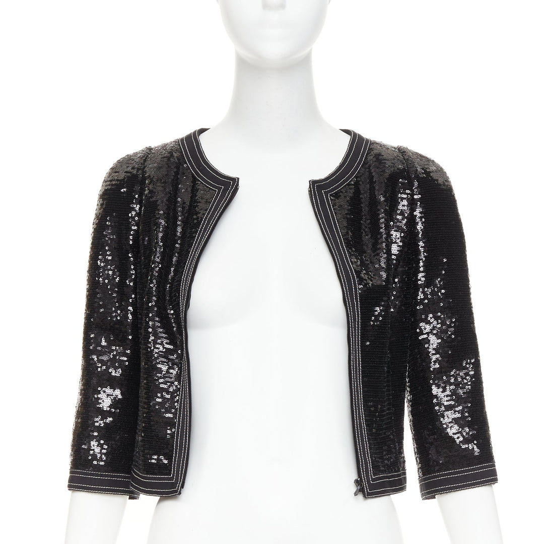 CHANEL 13C Paris Versailles black sequin embellished cropped zip jacket FR36 S
