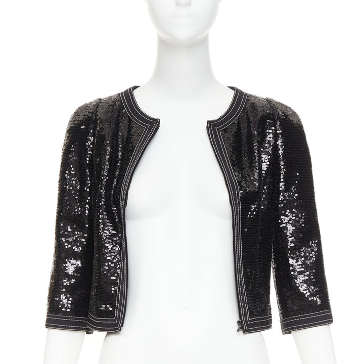 CHANEL 13C Paris Versailles black sequin embellished cropped zip jacket FR36 S