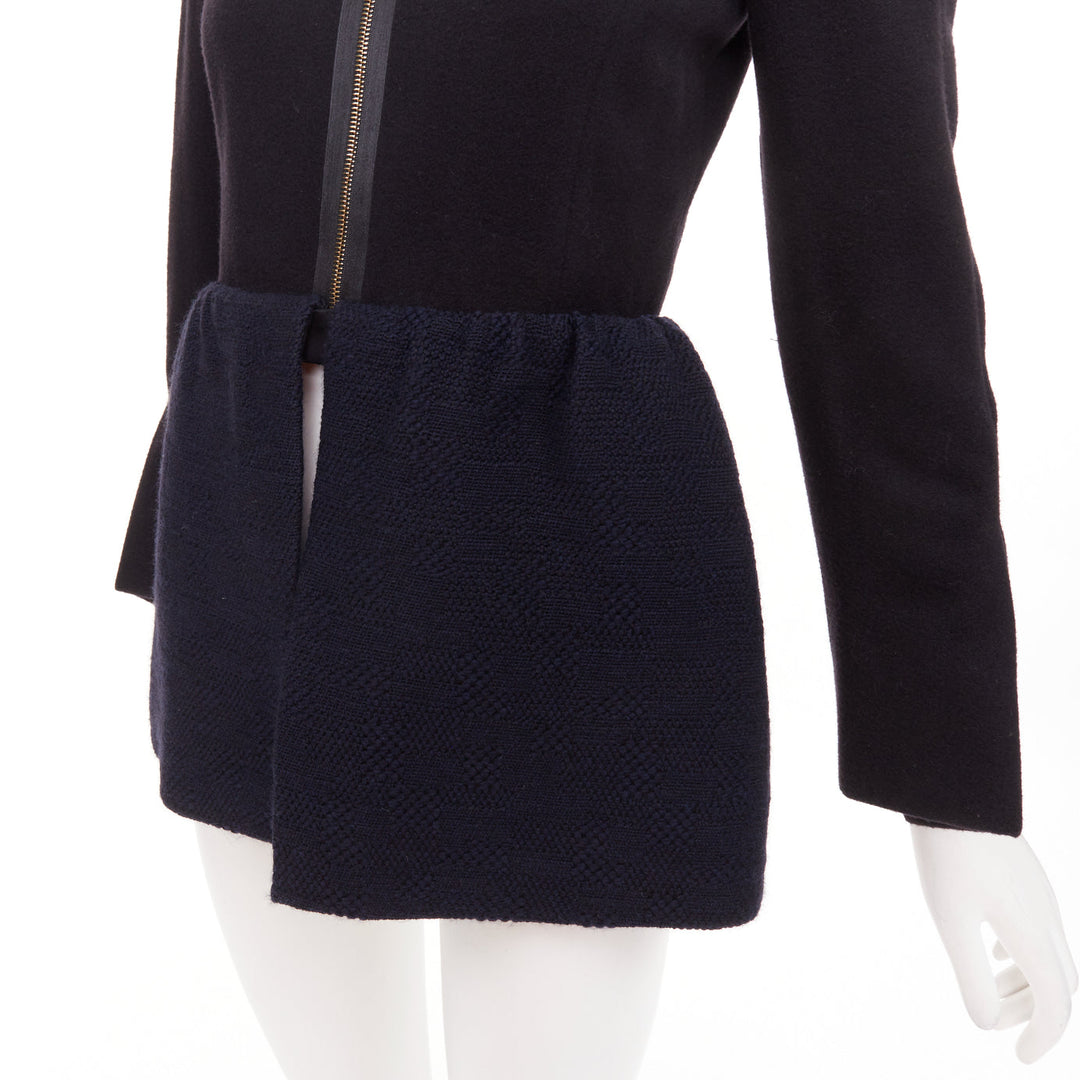 THE ROW Loxton black navy structured wool textured peplum gold zip coat US0 XS