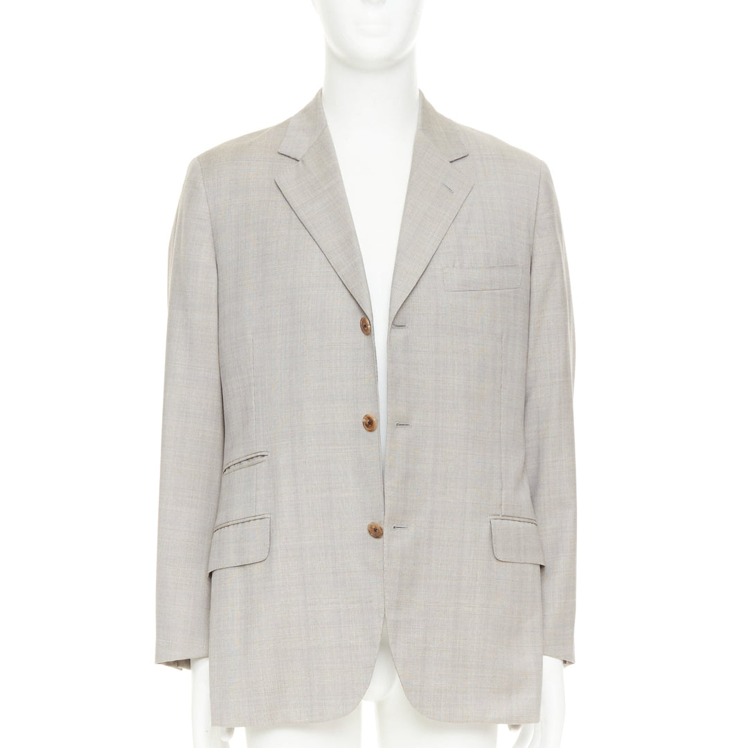 HERMES light grey 100% wool checked full canvas flap pockets blazer EU50 L