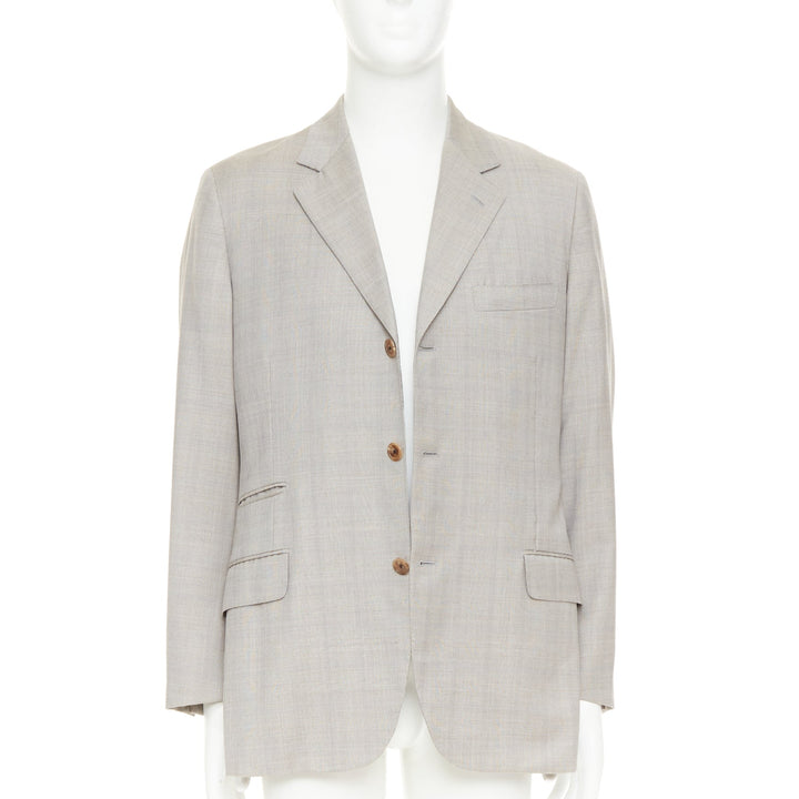HERMES light grey 100% wool checked full canvas flap pockets blazer EU50 L