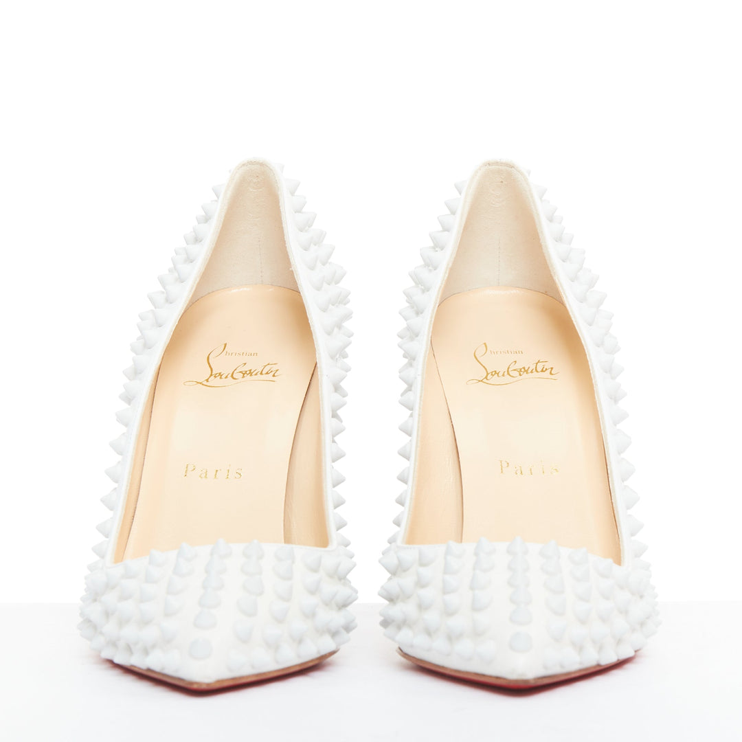 CHRISTIAN LOUBOUTIN Pigalle Spikes 100 white matte leather spike pumps EU37.5