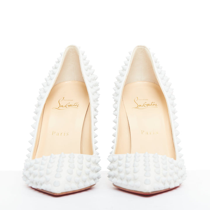 CHRISTIAN LOUBOUTIN Pigalle Spikes 100 white matte leather spike pumps EU37.5