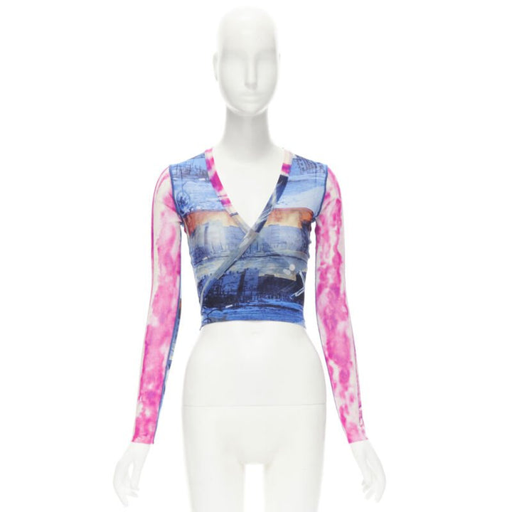 rare JEAN PAUL GAULTIER Soleil Vintage blue pink cityscape sheer wrap top S