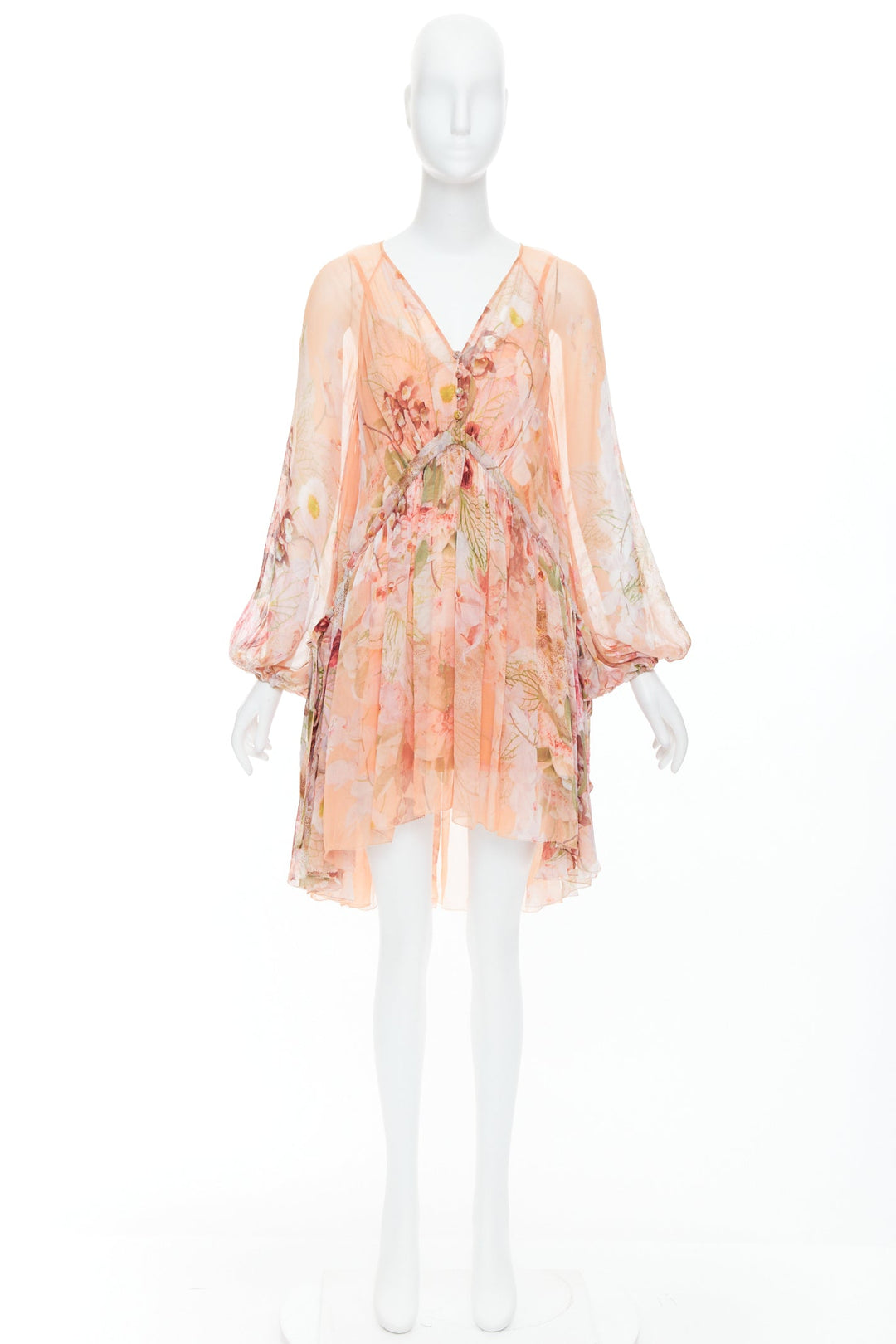 ZIMMERMANN Dancer Blush Garden pink floral print ruched puff sleeves dress Sz2 M