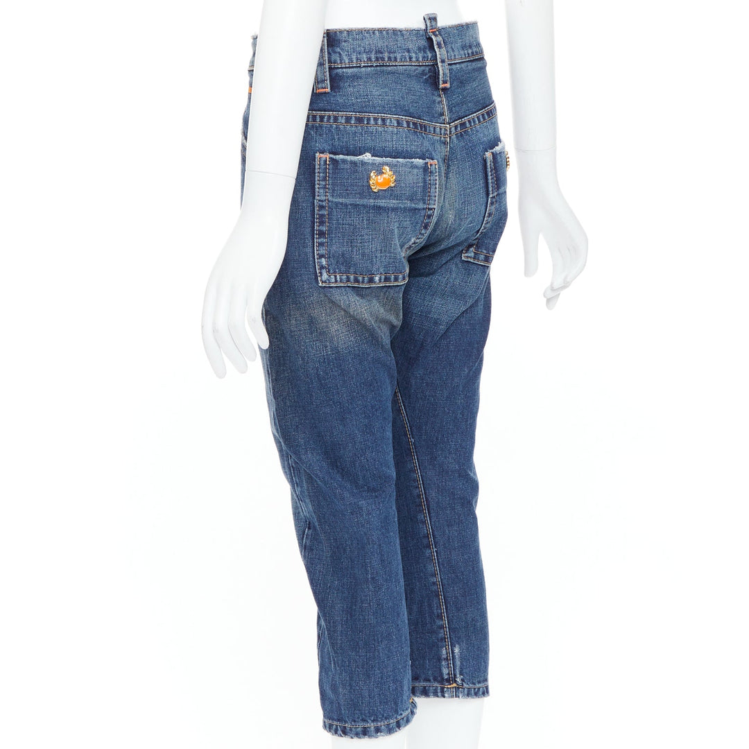 DSQUARED2 Vintage orange crab button logo blue denim cropped jeans IT38 XS