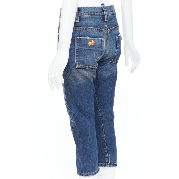 DSQUARED2 Vintage orange crab button logo blue denim cropped jeans IT38 XS