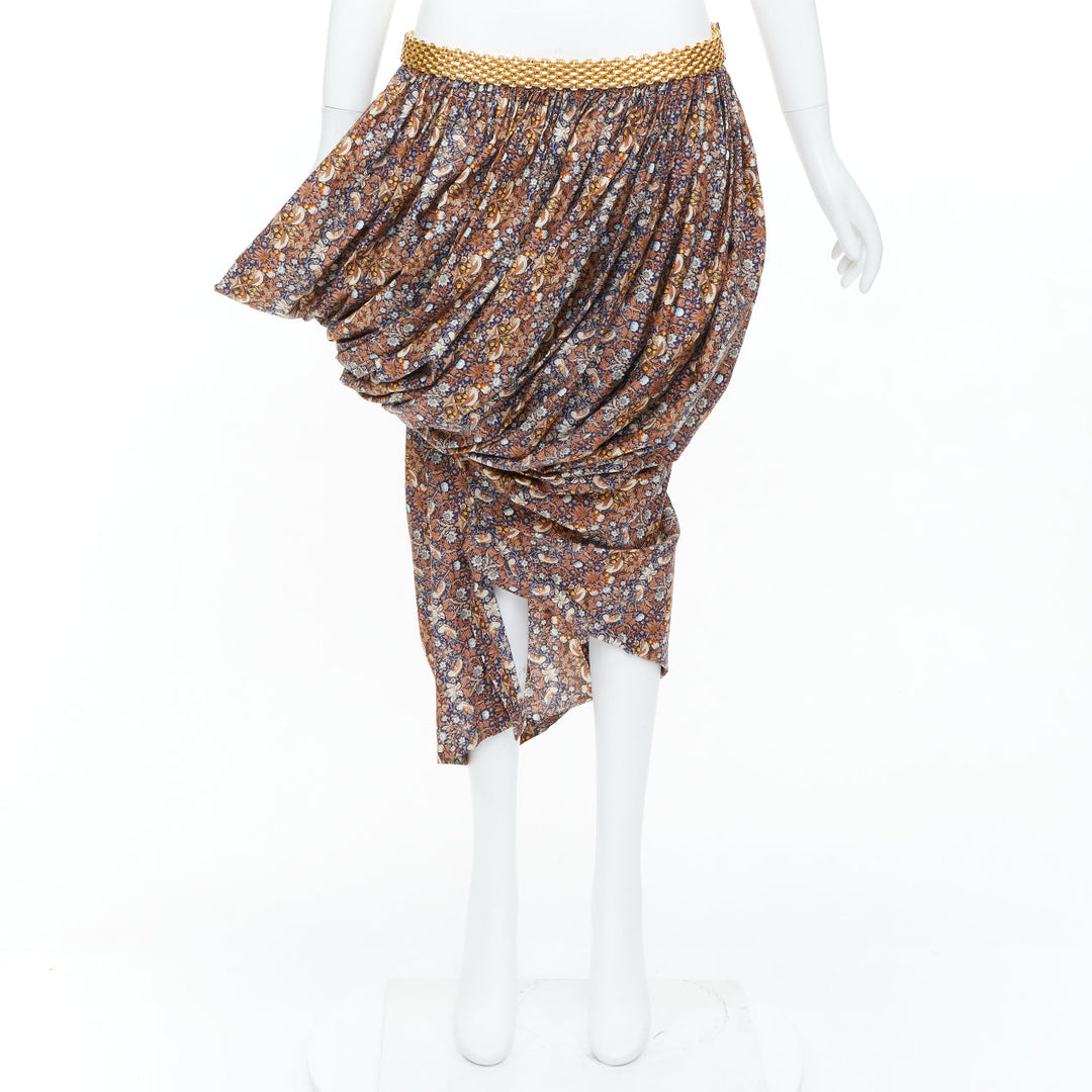 JUNYA WATANABE 2008 Runway brown navy floral gold chain draped skirt M