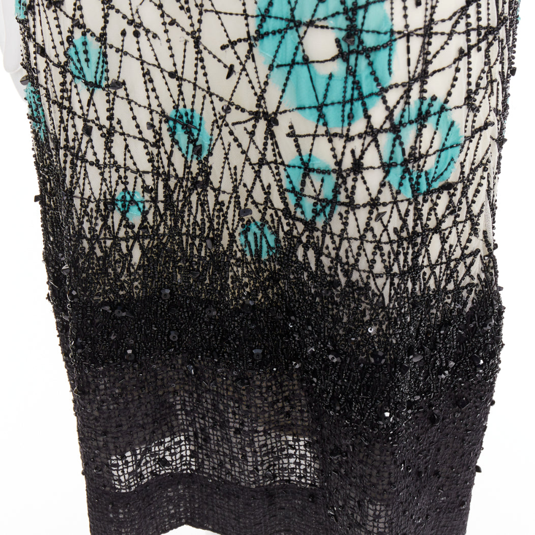 CAROLINA HERRERA teal green cream black silk fully beaded crystal dress US2 S