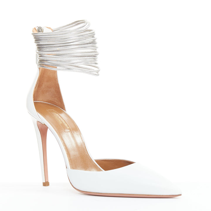 AQUAZZURA Hello Lover 105 white calf silver corded ankle strap pumps EU37.5