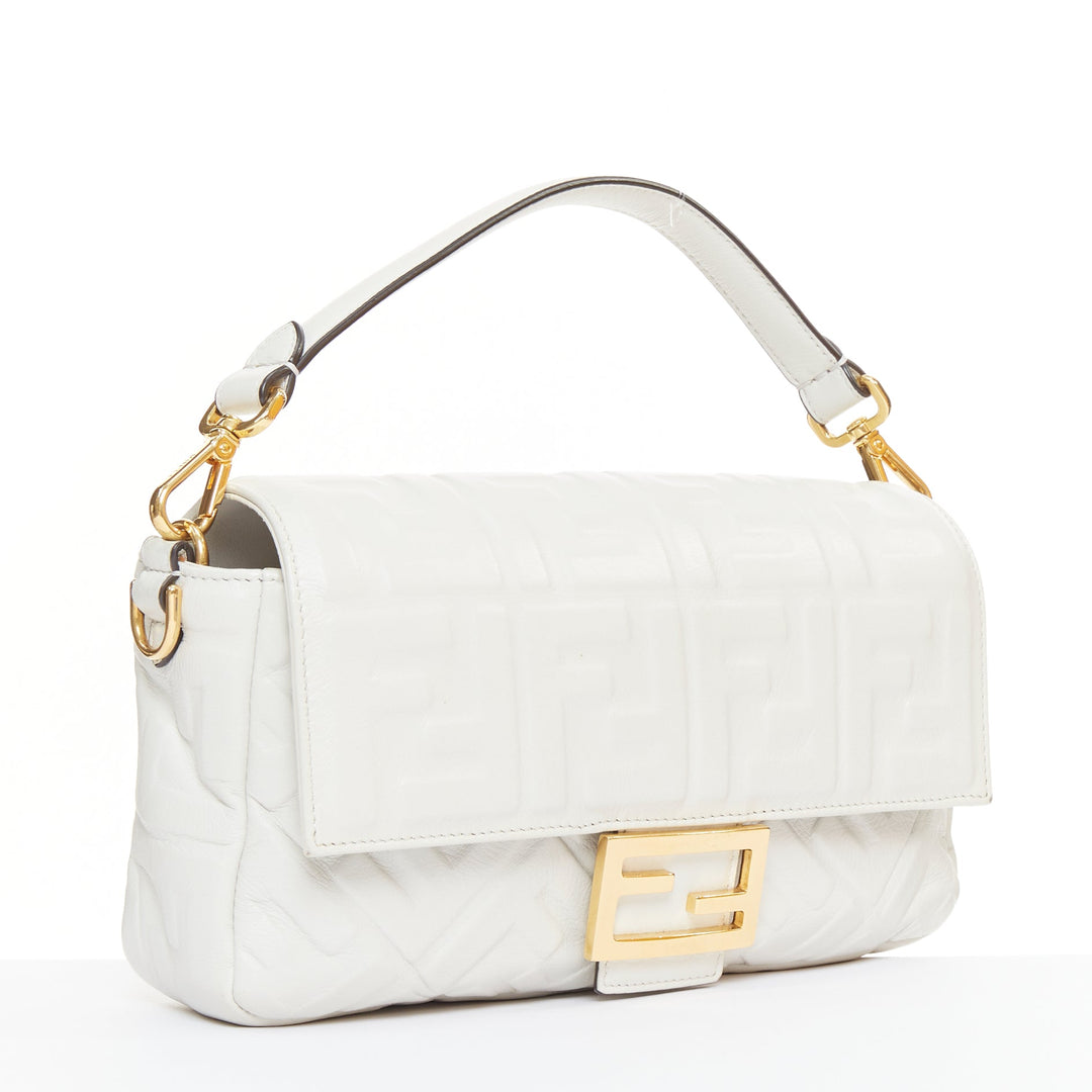 FENDI 2023 Runway Medium Baguette FF embossed white nappa leather bag