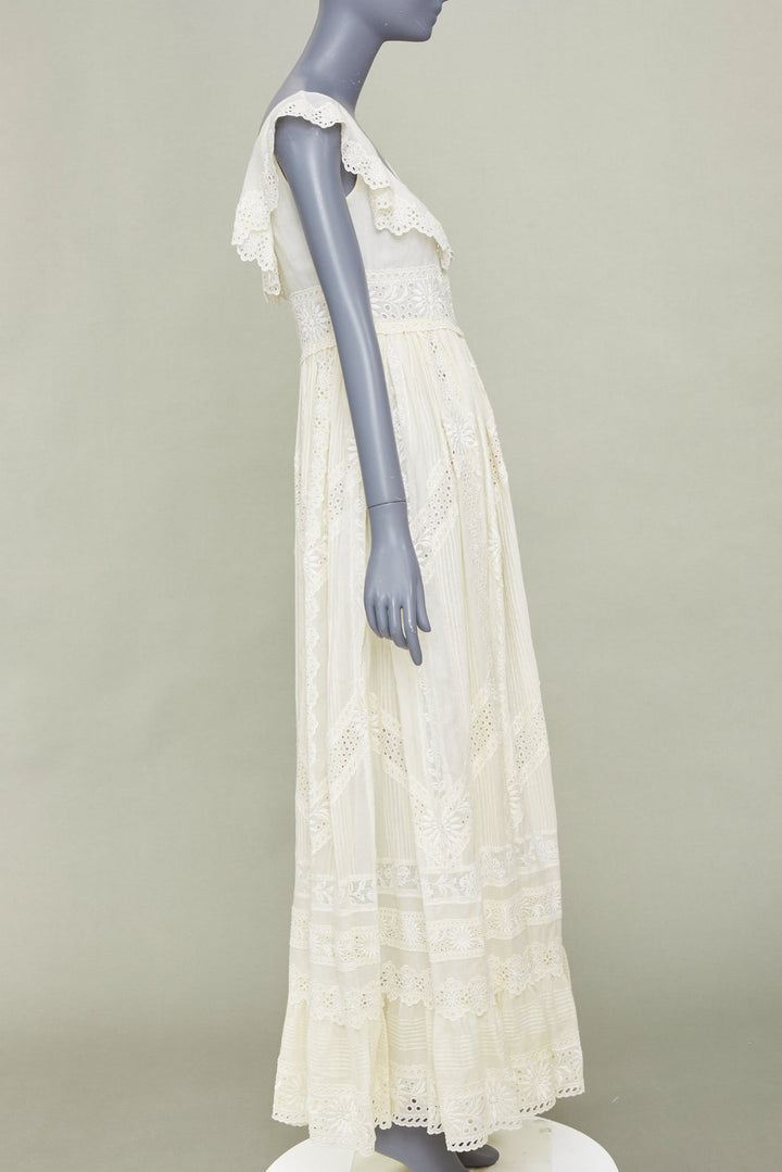 VALENTINO 2015 Runway Bridal ivory cotton embroidered pleated maxi dress IT40 S