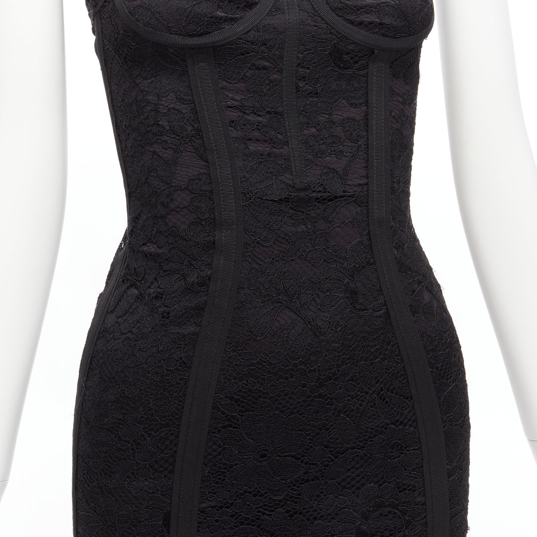 DOLCE GABBANA black lace bustier corset exposed boning cocktail dress IT36 XXS