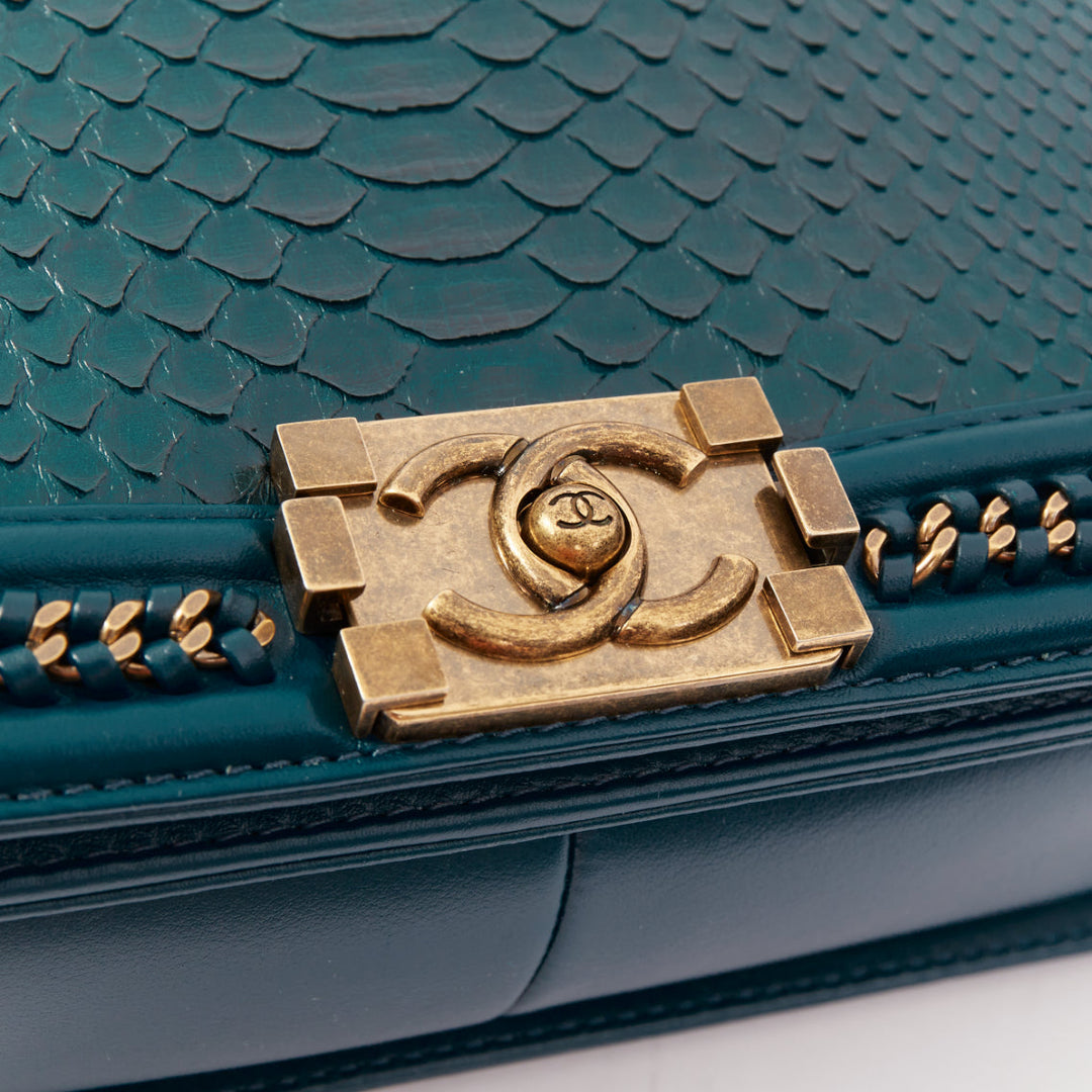 CHANEL Le Boy 25 petrol blue exotic python leather antique gold crossbody bag