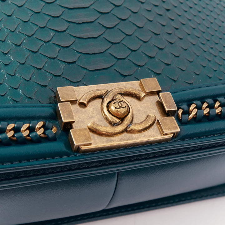 CHANEL Le Boy 25 petrol blue exotic python leather antique gold crossbody bag