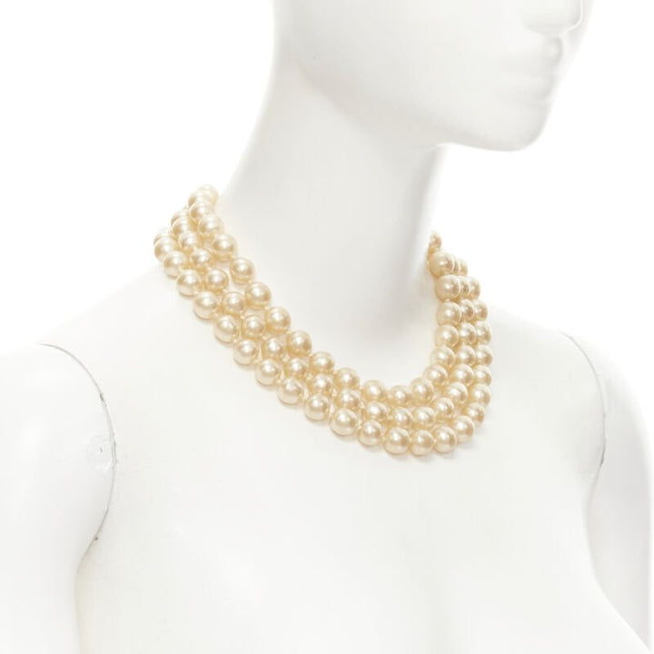CHANEL Vintage Season 29 triple large faux pearl CC logo clasp necklace