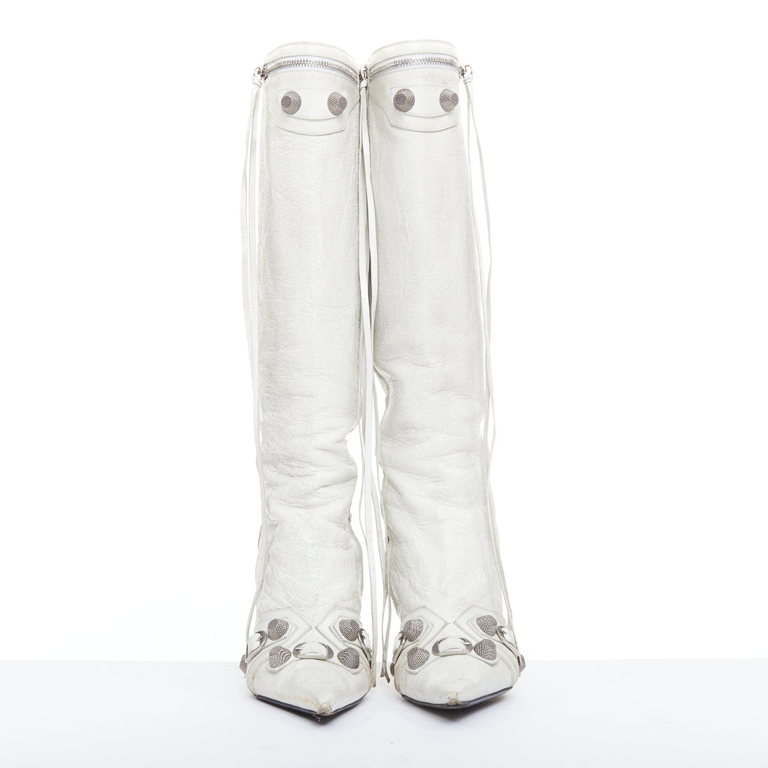 BALENCIAGA Cagole 100 white moto stud textured leather studded tall boots EU38