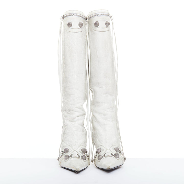 BALENCIAGA Cagole 100 white moto stud textured leather studded tall boots EU38