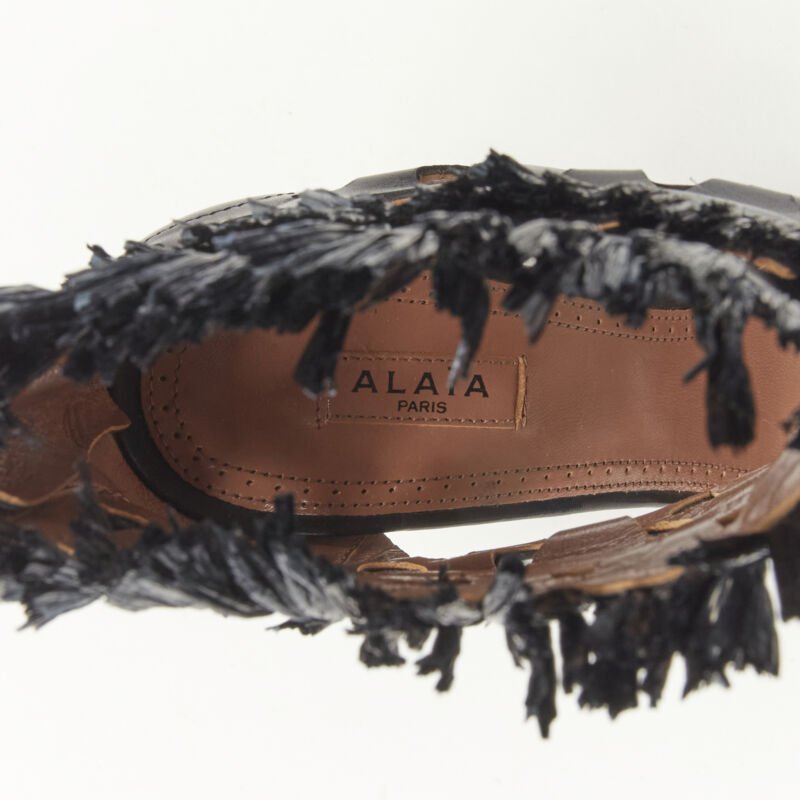 ALAIA black squiggle cut out raffia fringe platform high heel sandals EU38