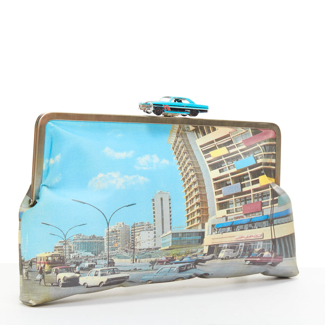SARAH'S BAG blue vintage car clasp street print canvas silver frame clutch bag