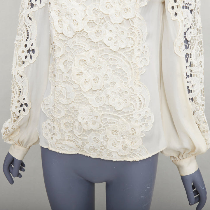 OSCAR DE LA RENTA cream 100% silk floral lace appliqu‚àö¬© peasant blouse US2 S