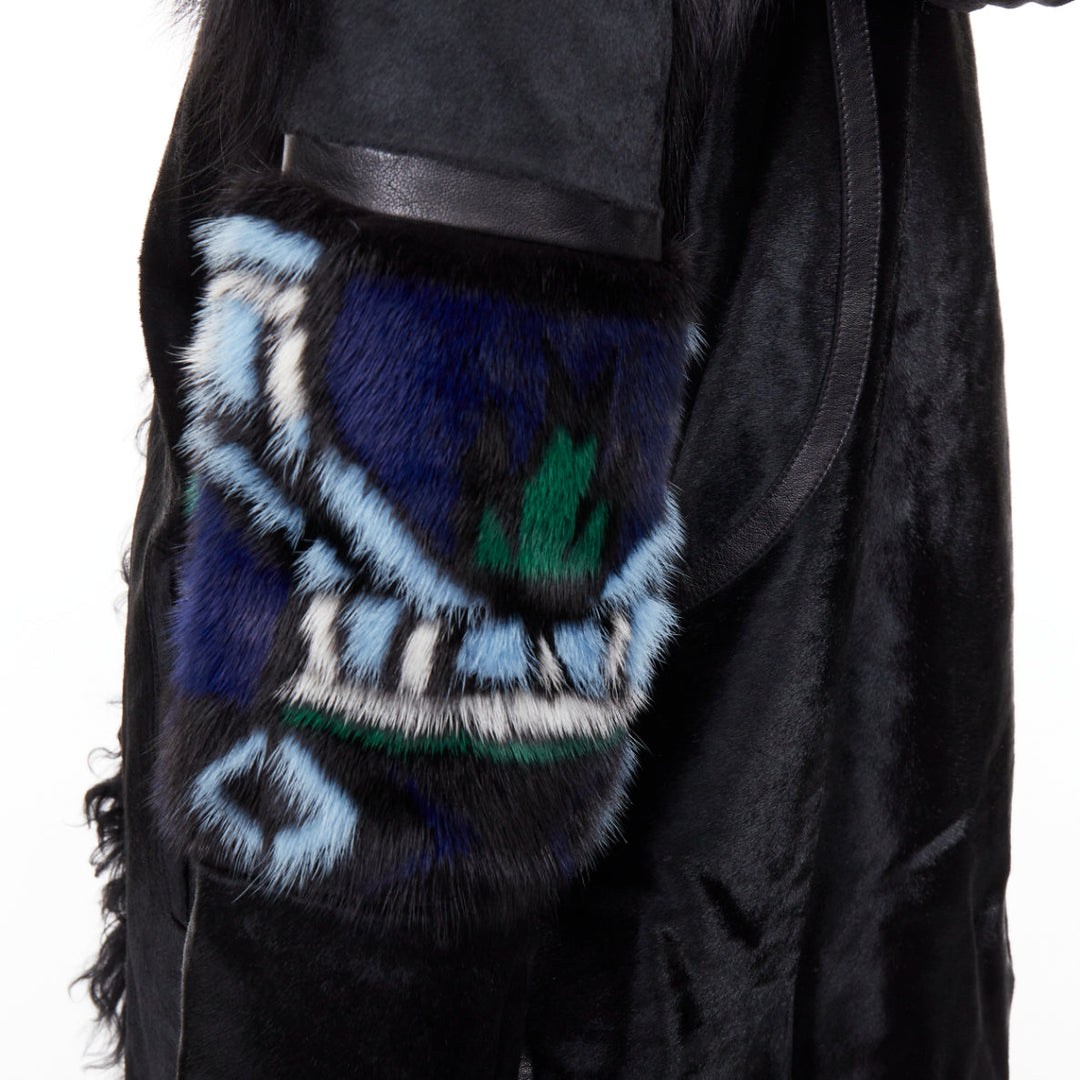 EMILIO PUCCI Vintage ethnic black calf mixed shearling raccoon fur coat IT40 S