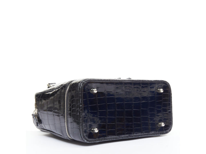 KWANPEN black high shine glossy scaled leather silver hardware zip top handbag