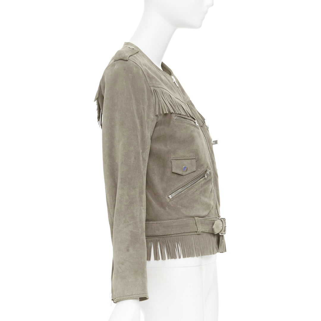 THE KOOPLES taupe cow suede leather western fringe belted biker jacket M