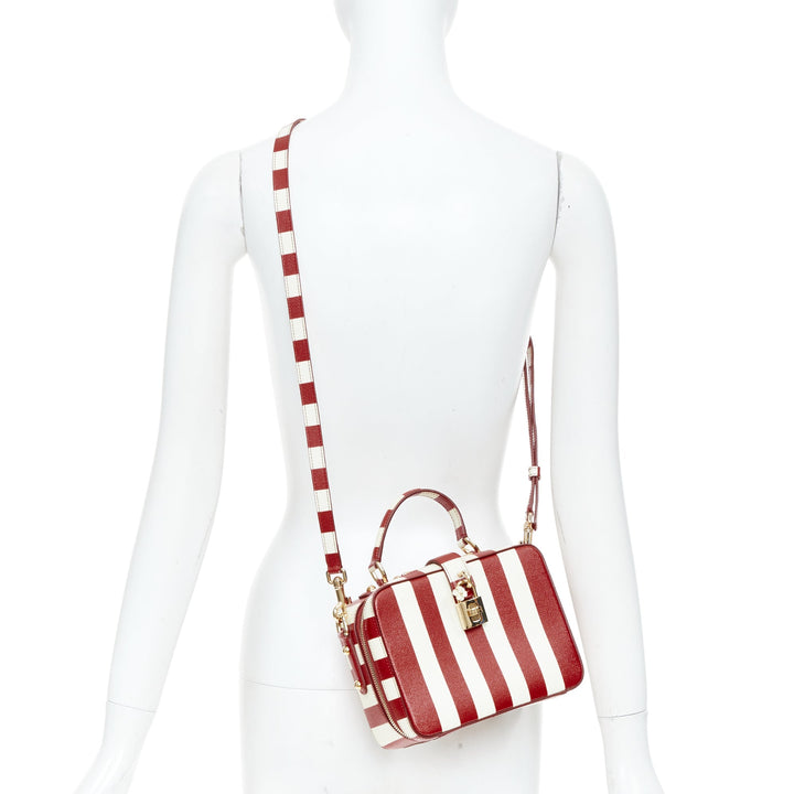 DOLCE GABBANA 2016 Box Rosaria red white striped leather padlock bag