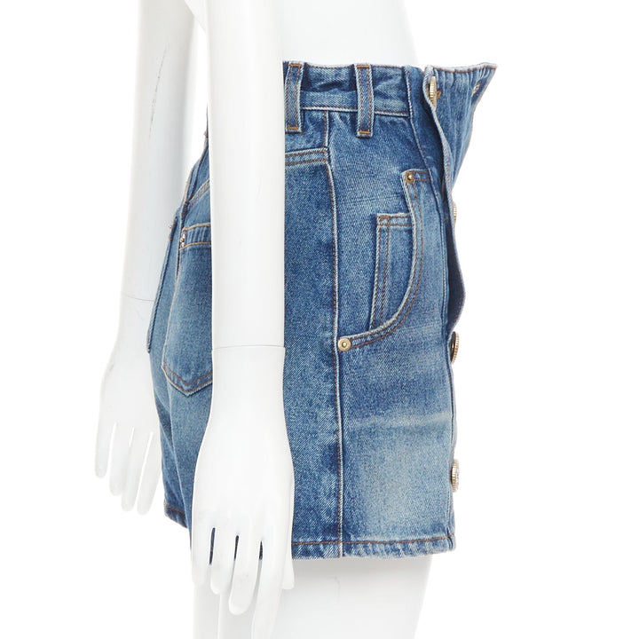 BALMAIN blue washed bronze logo buttons high waisted denim shorts FR34 XS