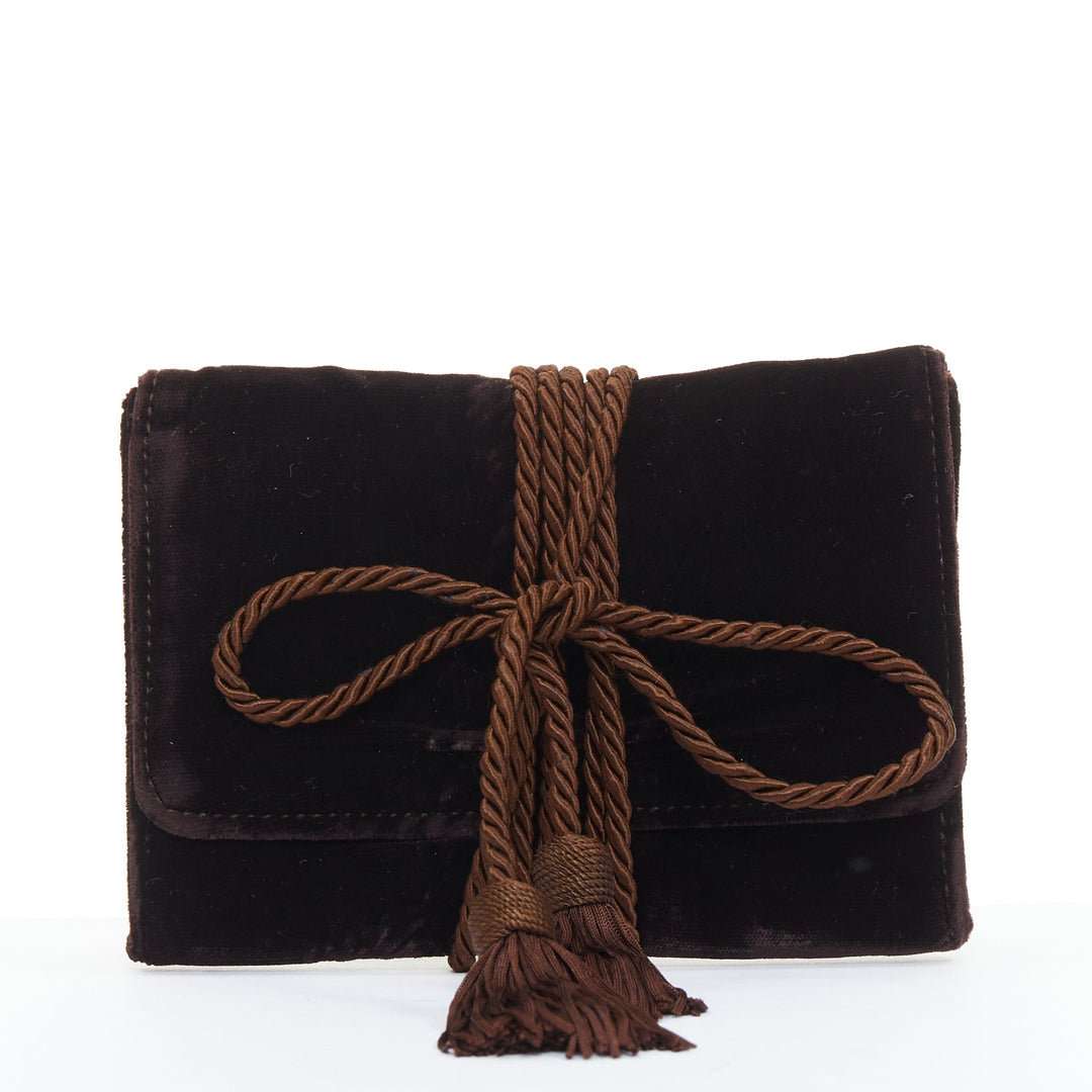 GIORGIO ARMANI brown velvet twisted tassel cord trim envelope pouch clutch bag