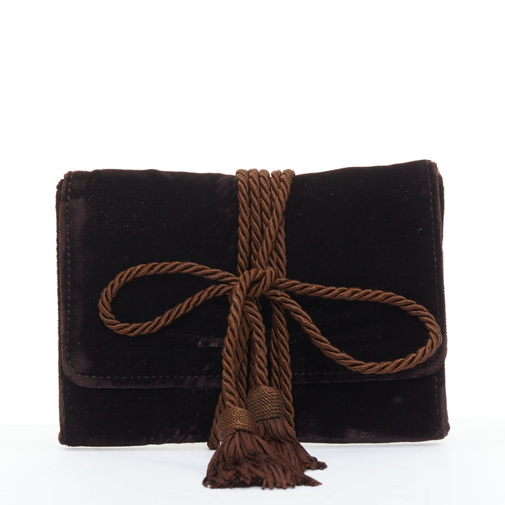 GIORGIO ARMANI brown velvet twisted tassel cord trim envelope pouch clutch bag