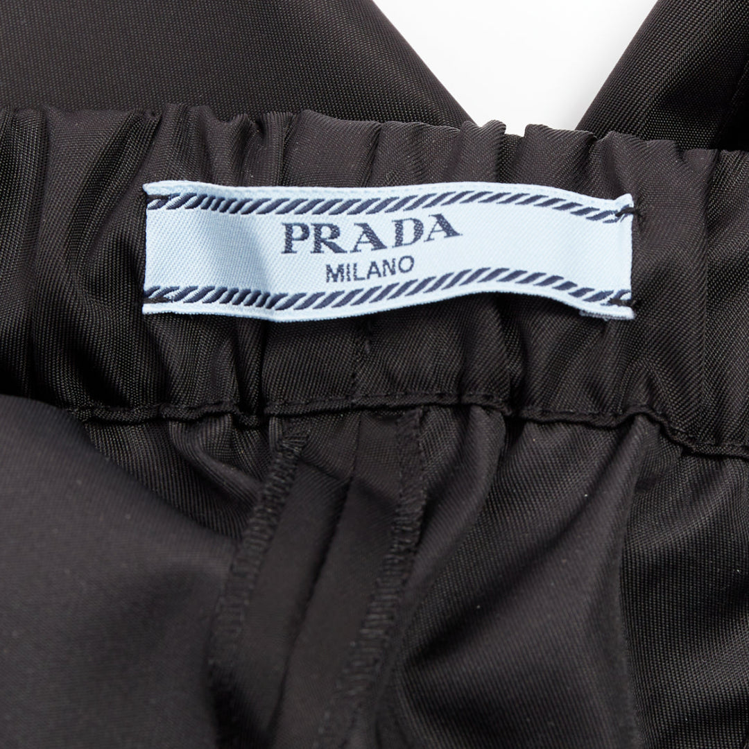 PRADA black silver logo leather plague nylon high waist tapered jogger pants