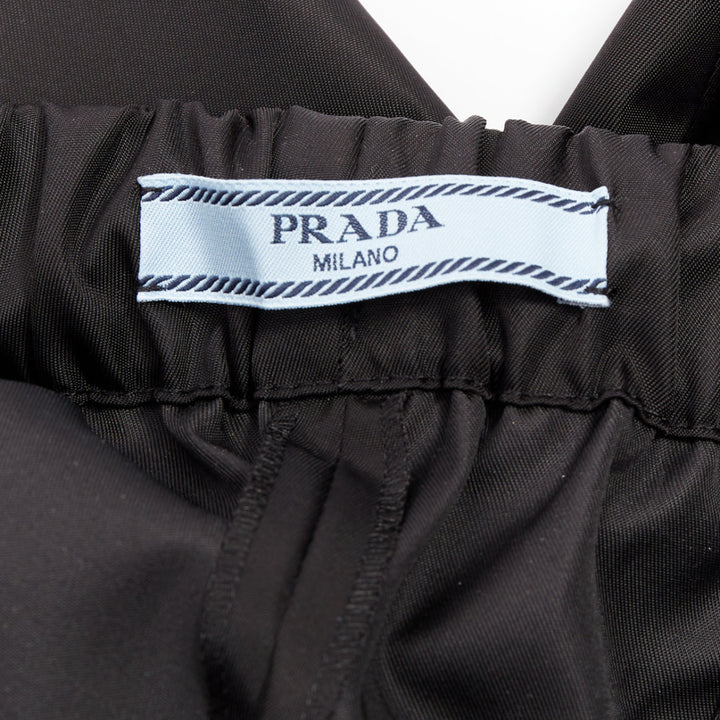 PRADA black silver logo leather plague nylon high waist tapered jogger pants