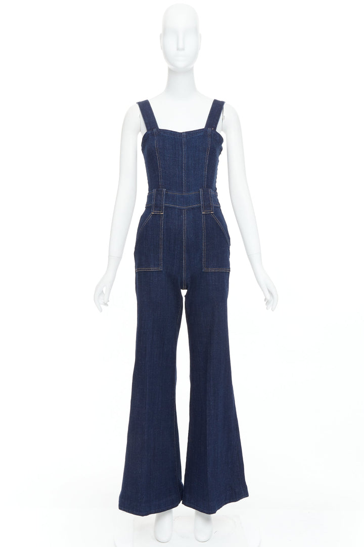 7 FOR ALL MANKIND indigo blue denim wide flare dungaree jumpsuit XS