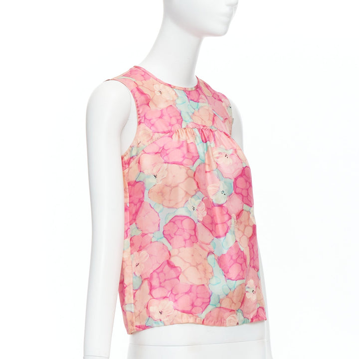 LOUIS VUITTON pink 100% silk watercolour floral print sleeveless top FR34 XS